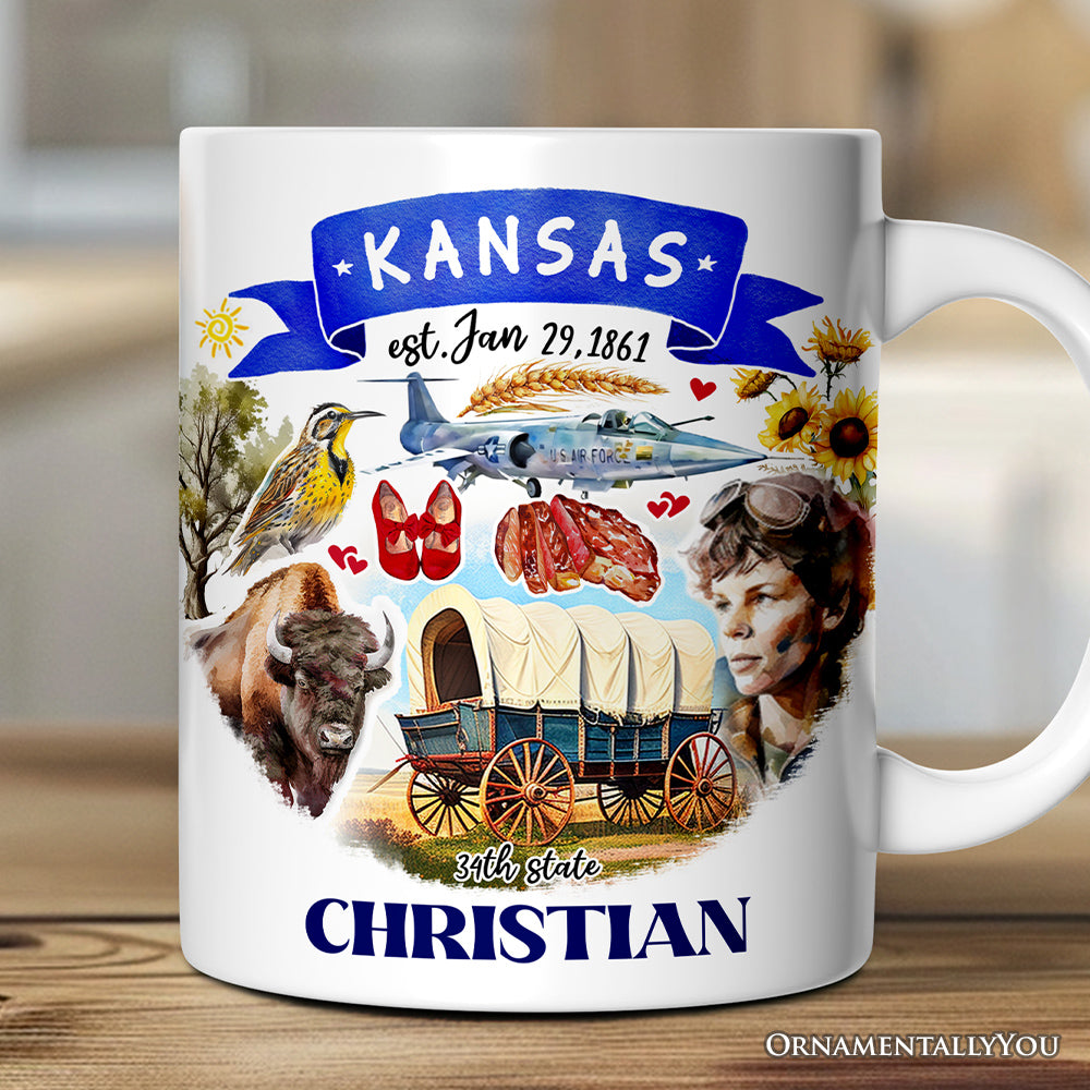 Artistic Kansas State Themes and Landmarks Personalized Mug With Custom Name