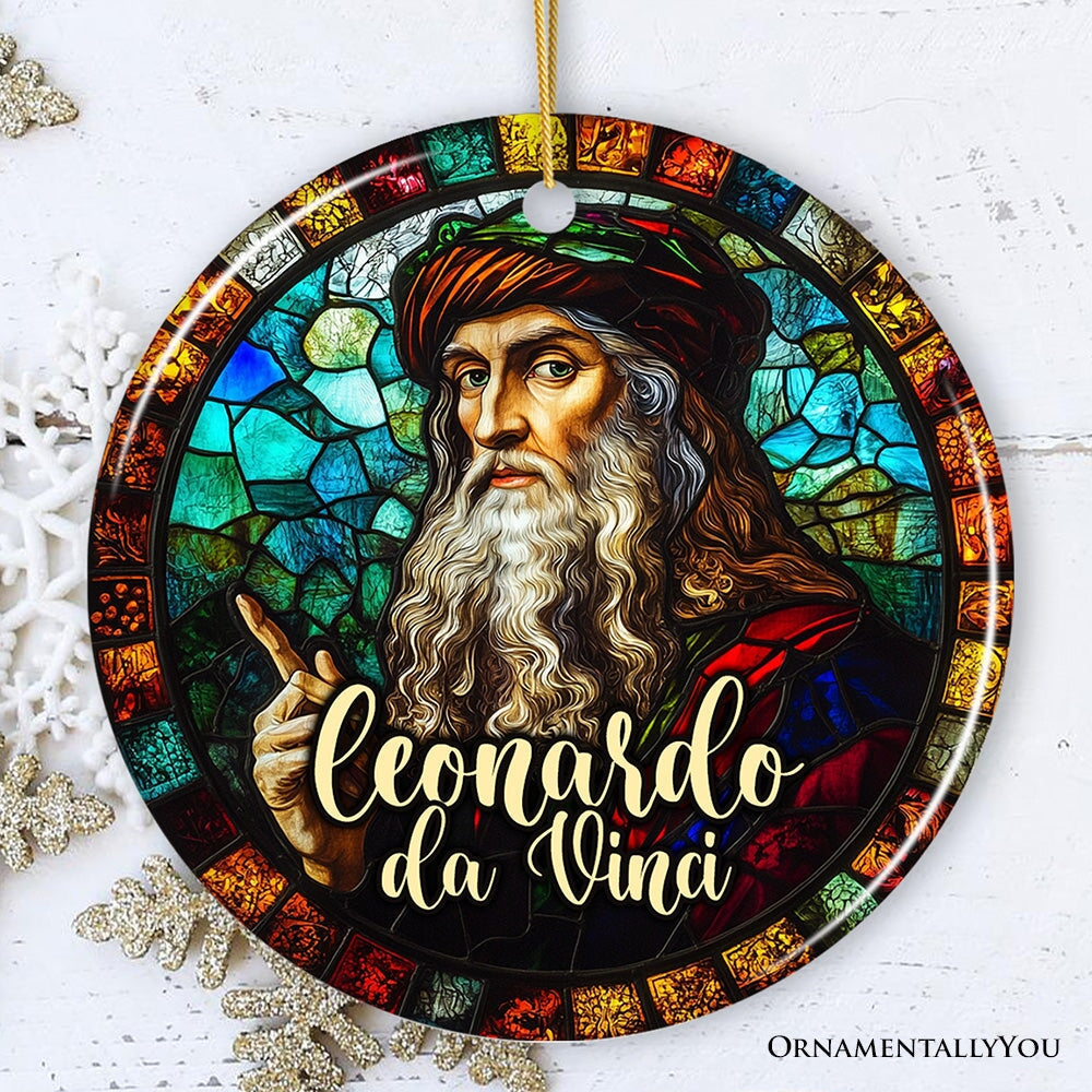 Artistic Leonardo da Vinci Self-Portrait in Stained Glass Themed Christmas Ornament, Medieval Renaissance Italy Keepsake Ceramic Ornament OrnamentallyYou Circle 