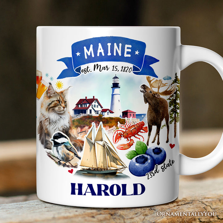 Artistic Maine State Themes and Landmarks Personalized Mug With Custom Name