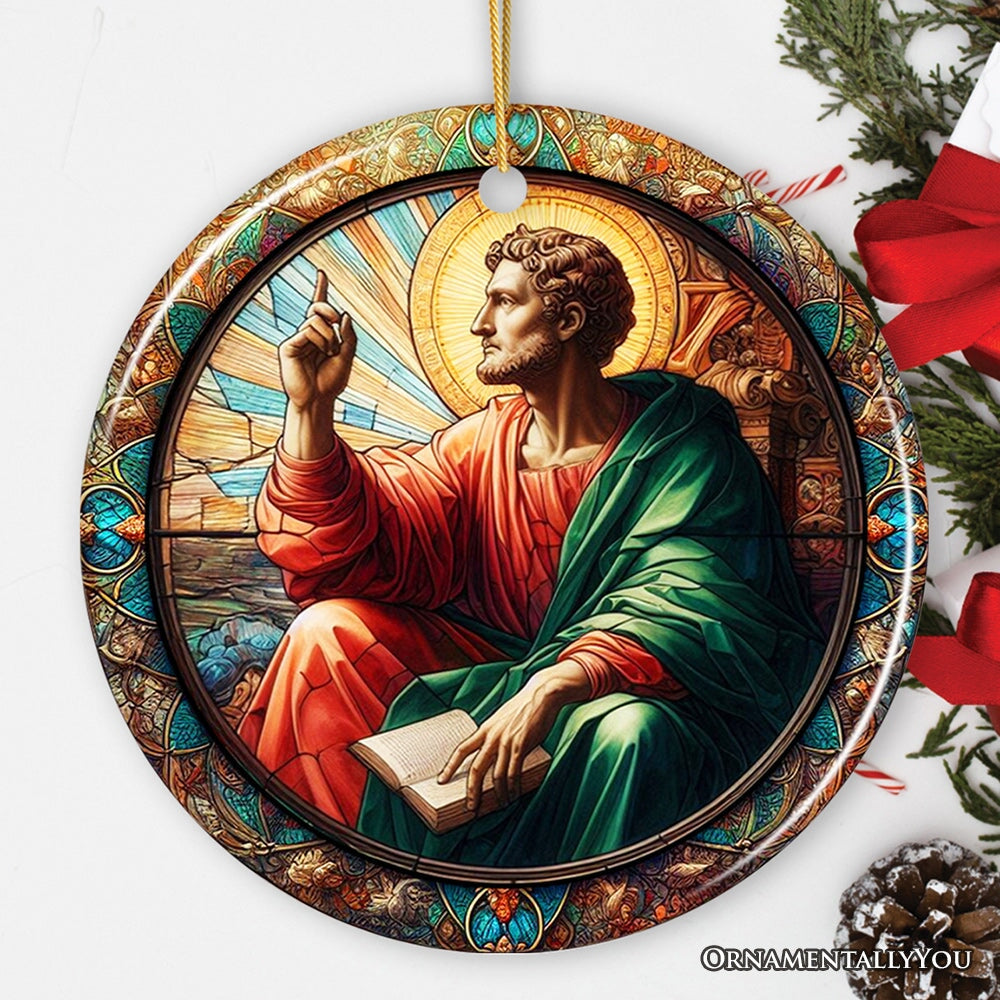 Artistic Man With a Book in Renaissance Italy Painting Ornament, Stained Glass Themed Medieval Christmas Keepsake Ceramic Ornament OrnamentallyYou Circle 