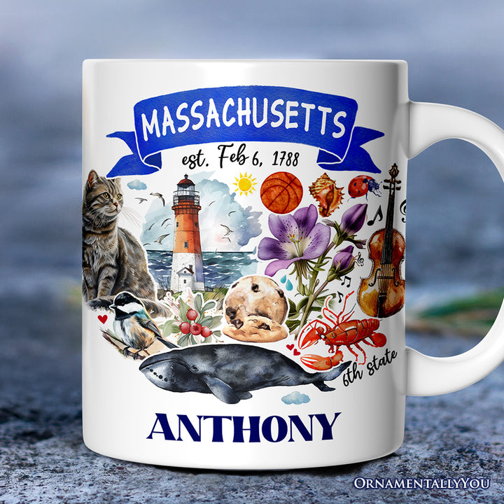 Artistic Massachusetts State Themes and Landmarks Personalized Mug With Custom Name