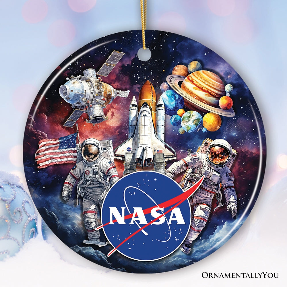 Artistic NASA Handcrafted Christmas Ornament, Astronaut in Outer Space with the Planets Ceramic Ornament OrnamentallyYou Version 1 