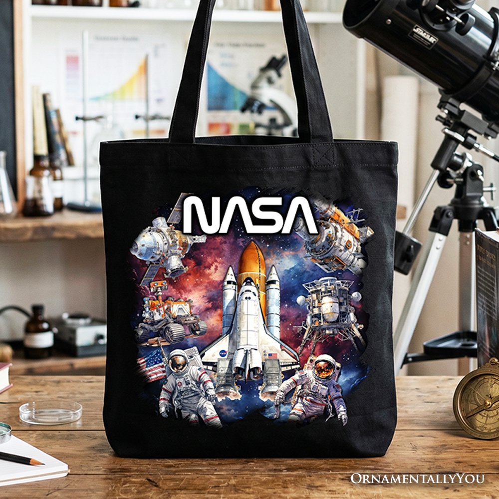 Artistic NASA Handcrafted Tote Bag, Astronaut in Outer Space with the Planets Gift Shopper Tote Bag OrnamentallyYou Black 