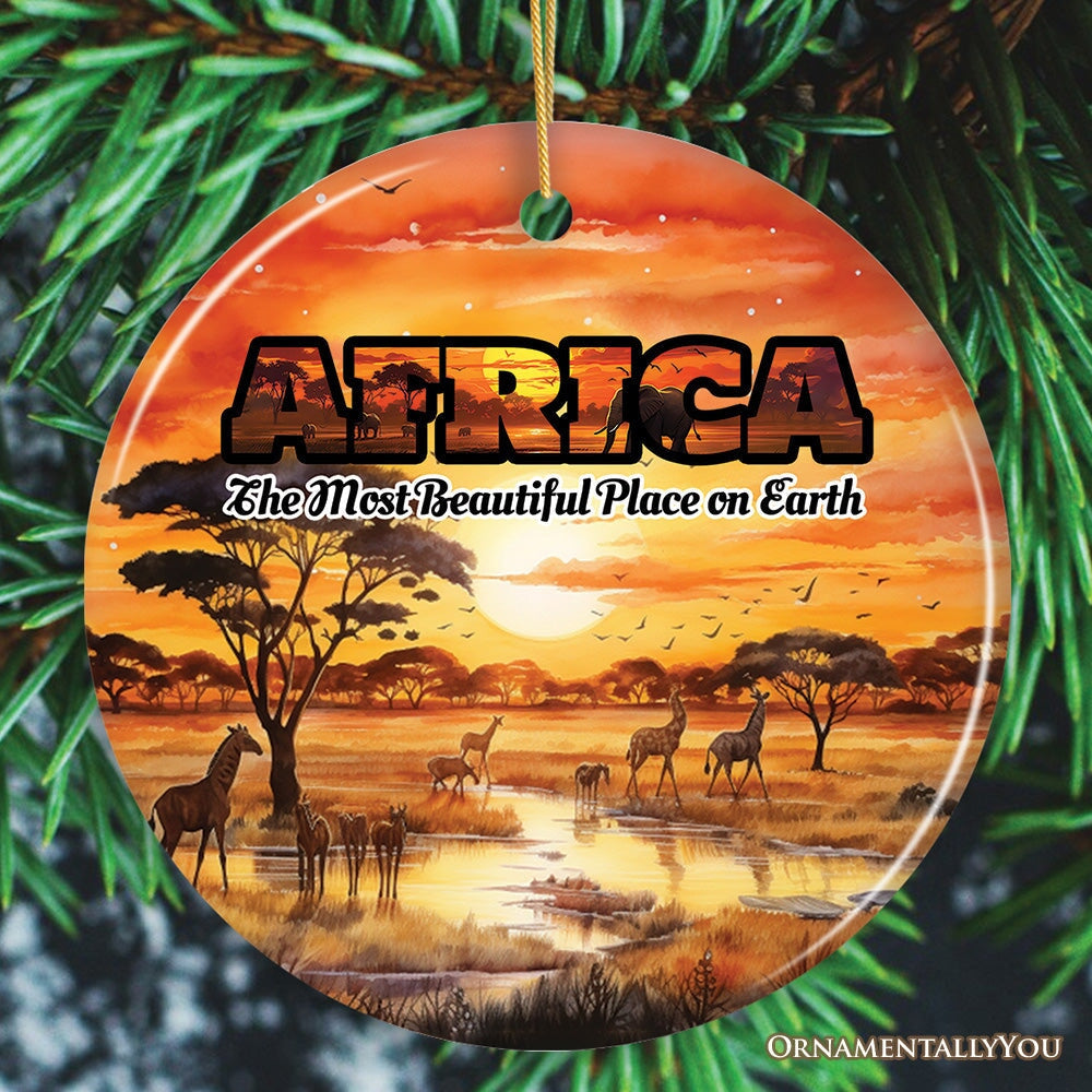 Artistic Natural Beauty of African Landscapes and Wildlife with Quotes Ornament, Christmas Gift or Travel Souvenir, Safari, Serengeti and Mount Kilimanjaro Ceramic Ornament OrnamentallyYou Circle Version 1 