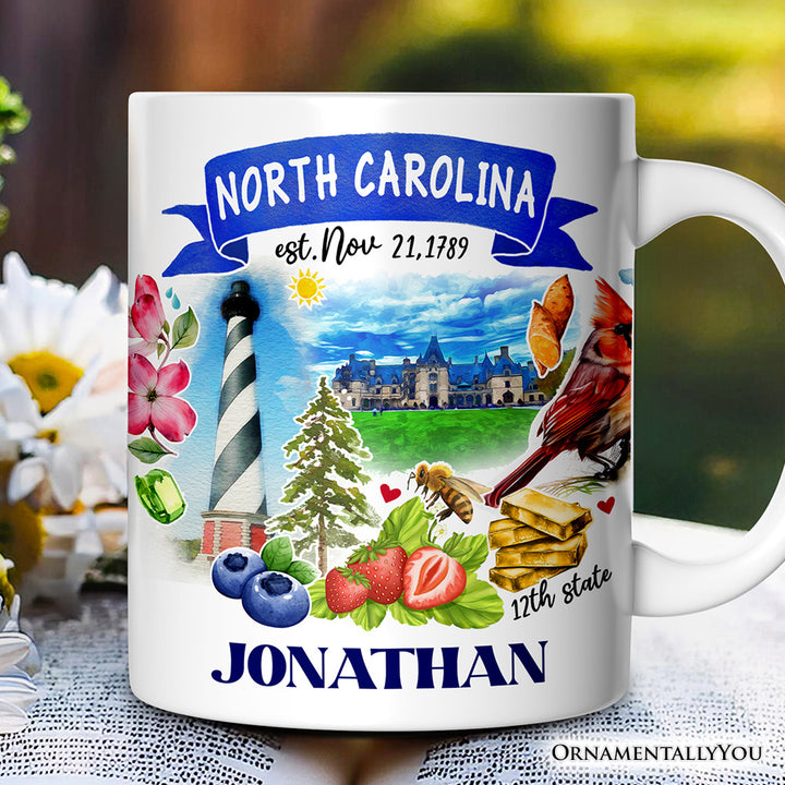 Artistic North Carolina State Themes and Landmarks Personalized Mug With Custom Name