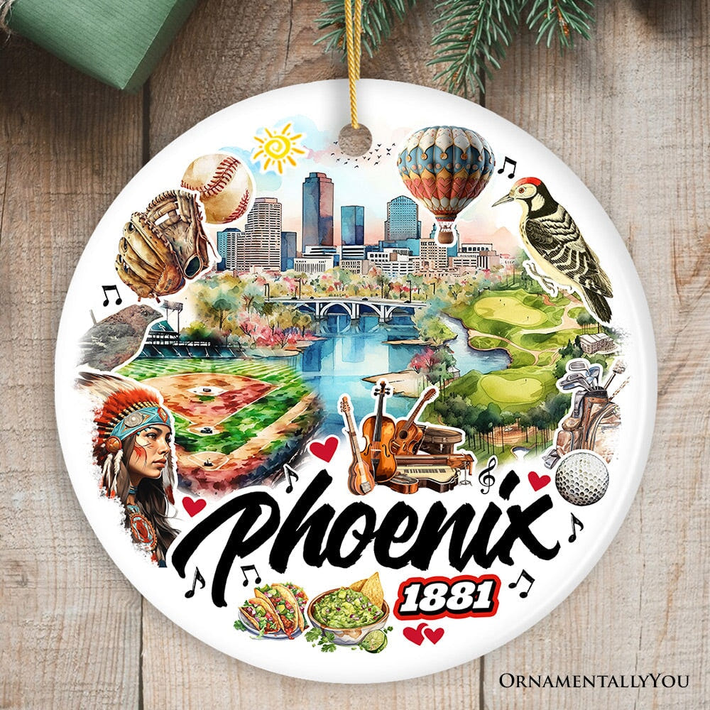 Artistic Phoenix City Handcrafted Ceramic Ornament, Arizona State Souvenir and Tree Decor Ceramic Ornament OrnamentallyYou Circle 