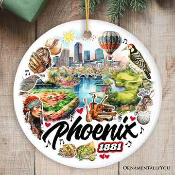 Artistic Phoenix City Handcrafted Ceramic Ornament, Arizona State Souvenir and Tree Decor Ceramic Ornament OrnamentallyYou Circle 