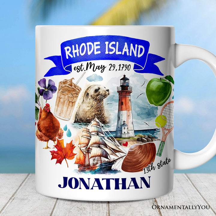 Artistic Rhode Island State Themes and Landmarks Personalized Mug With Custom Name