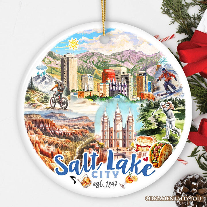 Artistic Salt Lake City Handcrafted Ceramic Ornament, Vintage Utah Souvenir Gift and Christmas Tree Decor Ceramic Ornament OrnamentallyYou Circle 