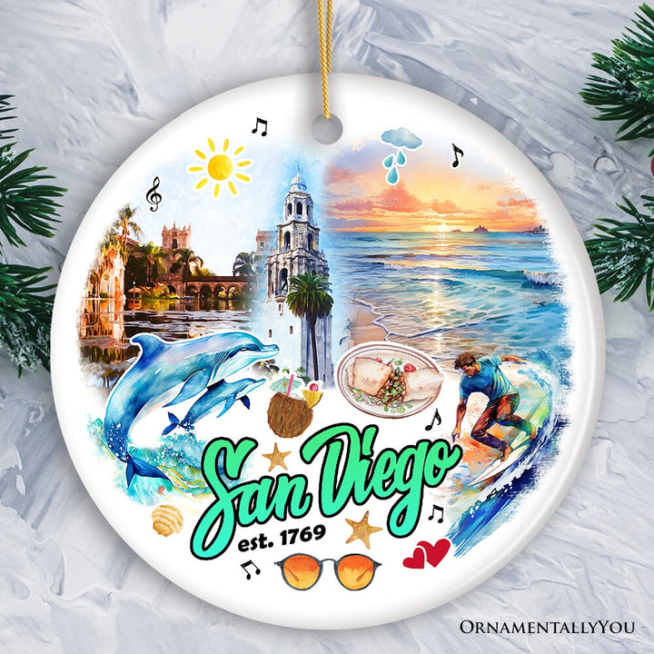 Artistic San Diego Christmas Ornament, Keepsake Souvenir and Gift Ceramic Ornament OrnamentallyYou Circle 