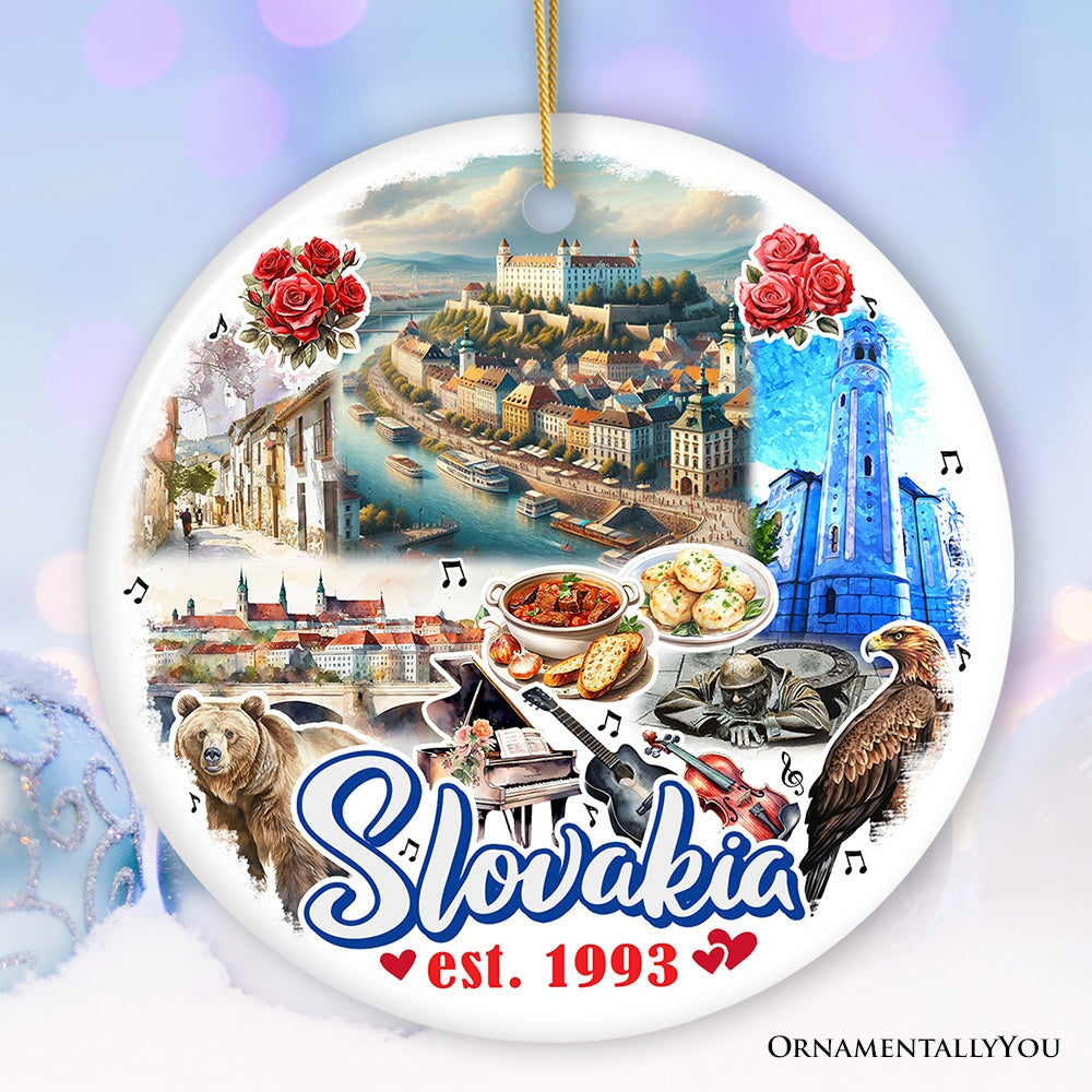 Artistic Slovakia Landmarks Ornament, Slavic Heritage and Culture Christmas Gift and Bratislava Travel Souvenir Ceramic Ornament OrnamentallyYou Circle Version 1 