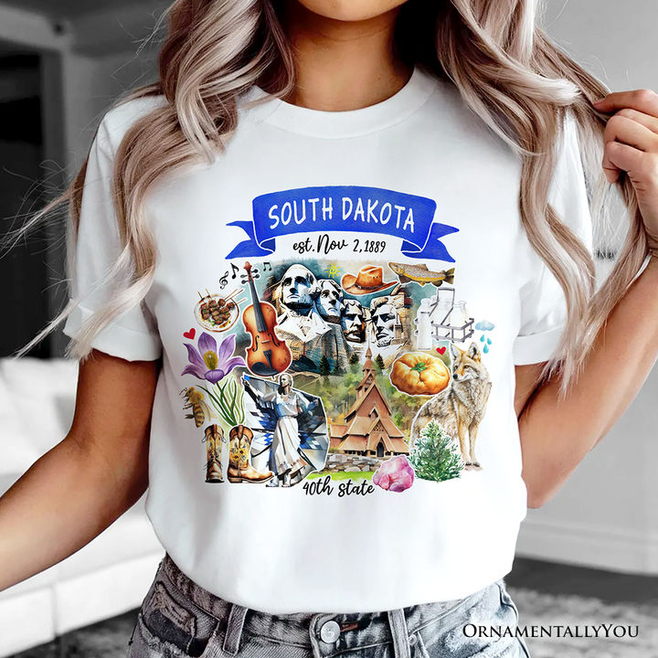Artistic South Dakota State Themes and Landmarks T-Shirt, Tee for History and Travel Lovers