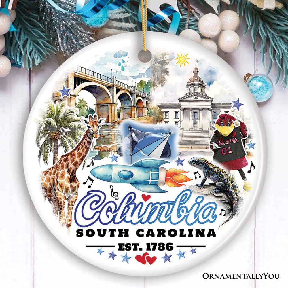 Artistic Souvenir of Columbia City Landmarks and Icons Ceramic Ornament, the Heart of South Carolina Ceramic Ornament OrnamentallyYou Circle 
