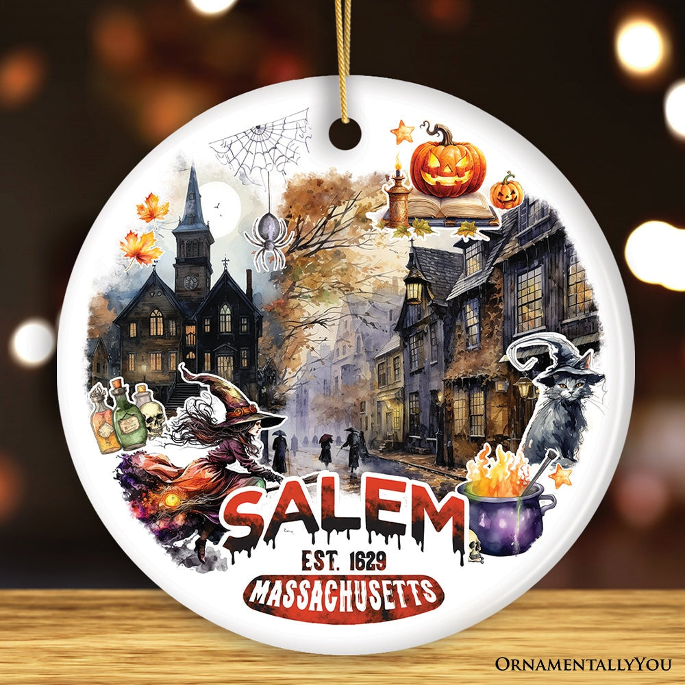 Artistic Spooky and Classic Salem Massachusetts Ornament, Witches and Halloween Souvenir Gift Ceramic Ornament OrnamentallyYou Circle 