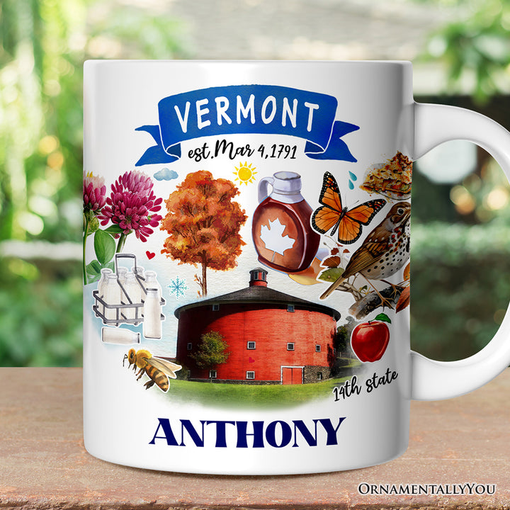 Artistic Vermont State Themes and Landmarks Personalized Mug With Custom Name