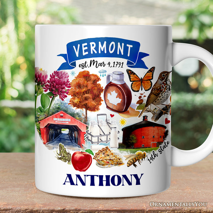 Artistic Vermont State Themes and Landmarks Personalized Mug With Custom Name