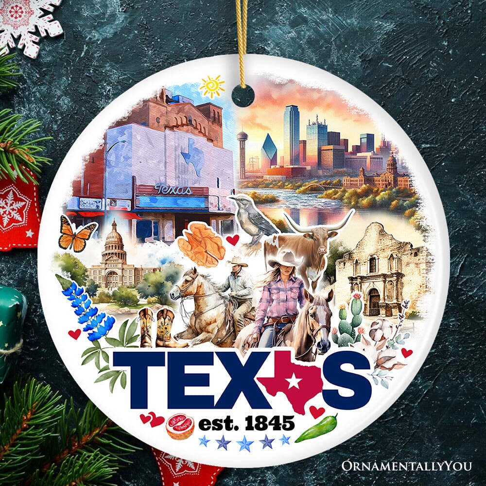 Artistic Watercolor Texas Cultures and Landmarks Ceramic Ornament, Travel Gift and Christmas Tree Decor Ceramic Ornament OrnamentallyYou Circle 