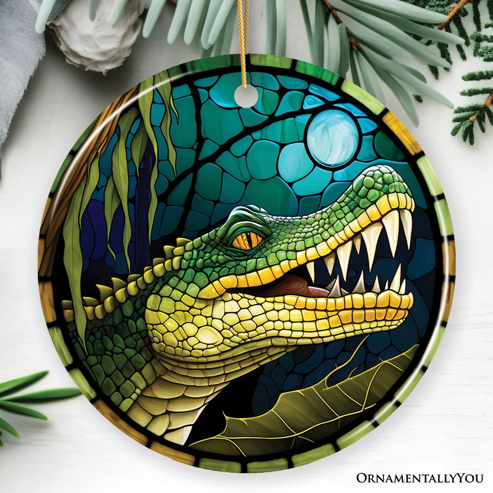 Artistic Wetlands Alligator Ceramic Ornament, Stained Glass Theme Nature Art of Swamp Animal Ceramic Ornament OrnamentallyYou Circle 