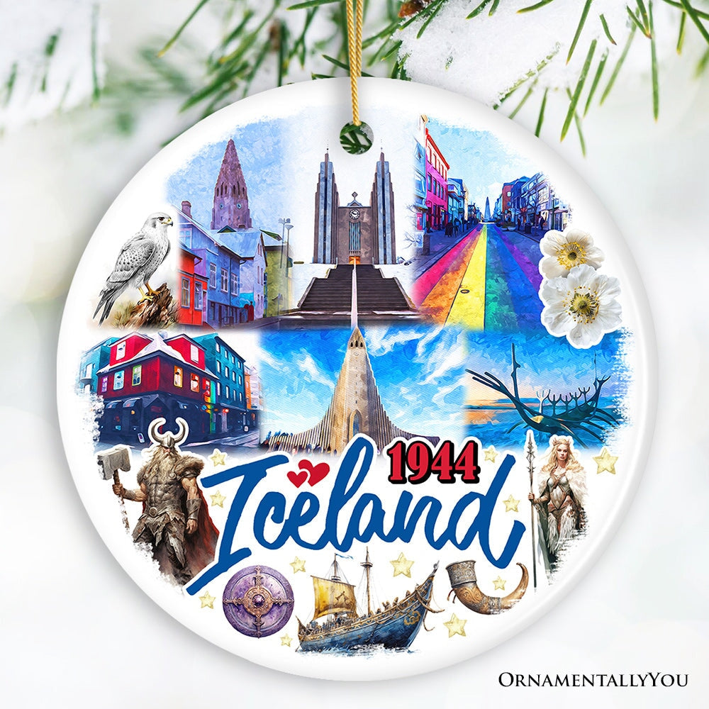 Artistically Majestic Iceland Landmarks Ornament, Cultural Norse and Viking Christmas Gift and Reykjavik Souvenir Ceramic Ornament OrnamentallyYou Circle 