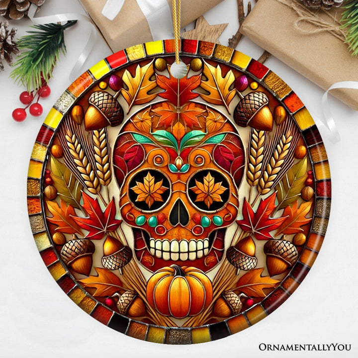 Autumn Harvest Sugar Skull Ornament, Vibrant Fall Foliage Christmas Gift and Decor Ceramic Ornament OrnamentallyYou Circle 