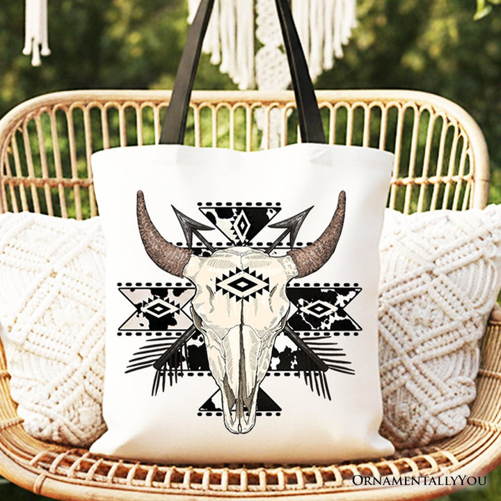 Aztec Tribal Bull Skull Canvas Tote Bag, Western Boho Gift Shopper Tote Bag OrnamentallyYou Black Handle 