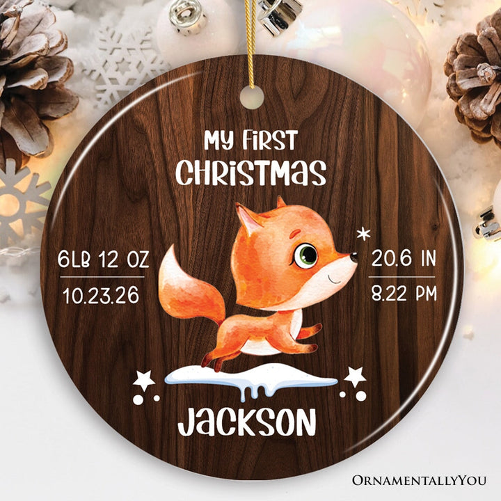 Baby’s First Christmas Ornament Fox Theme with Date, Time, and Weight Ceramic Ornament OrnamentallyYou Circle 