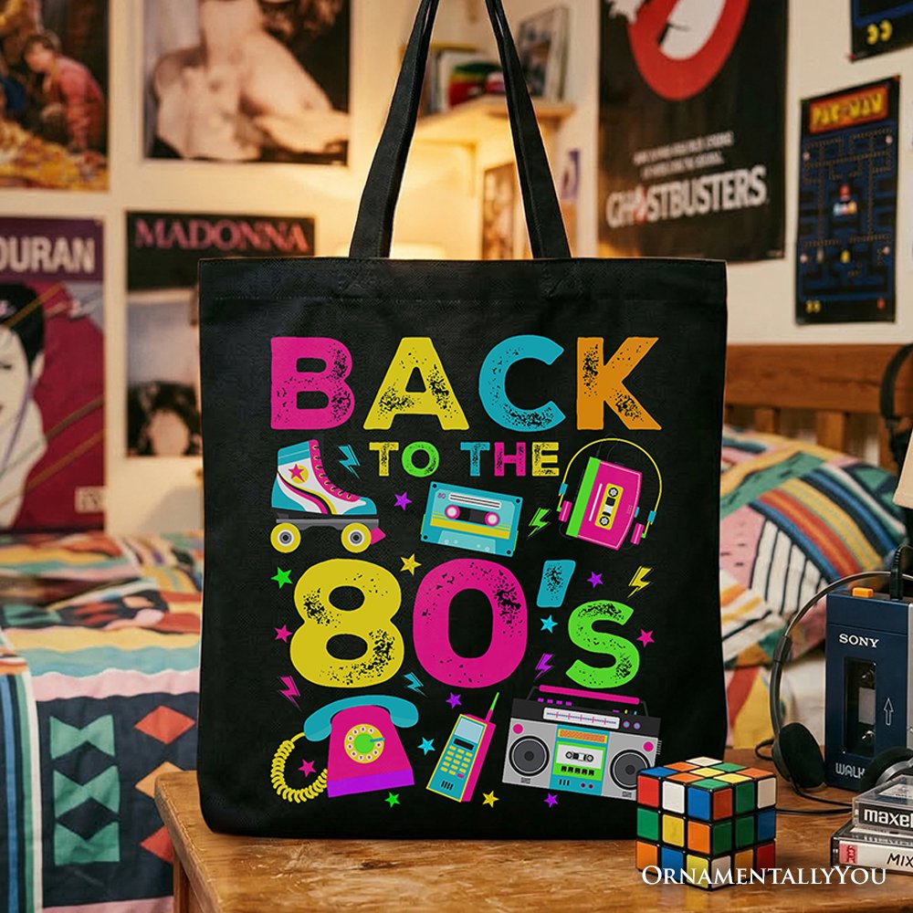 Back To The 80s Tote Bag, Colorful Retro Eighties Party Gift Shopper Tote Bag OrnamentallyYou Black 
