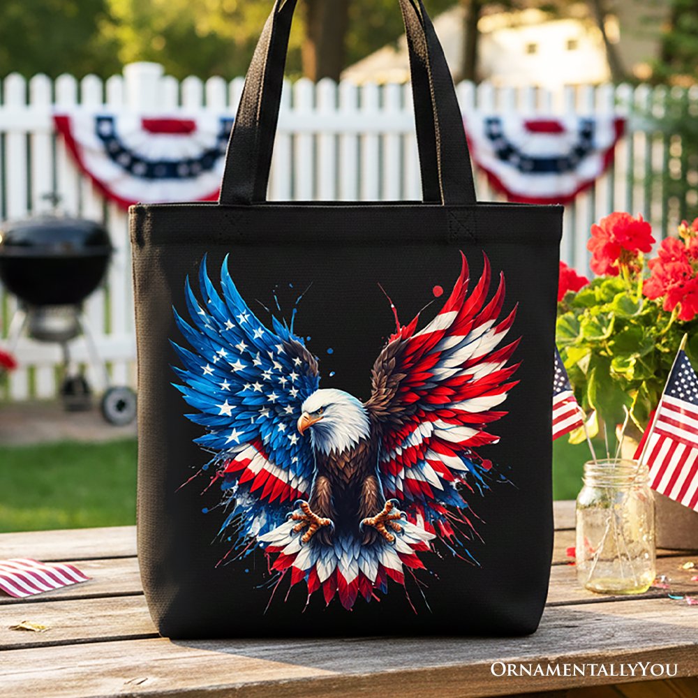 Bald Eagle American Flag Canvas Tote Bag, Patriotic Freedom Gift Shopper Tote Bag OrnamentallyYou Black 