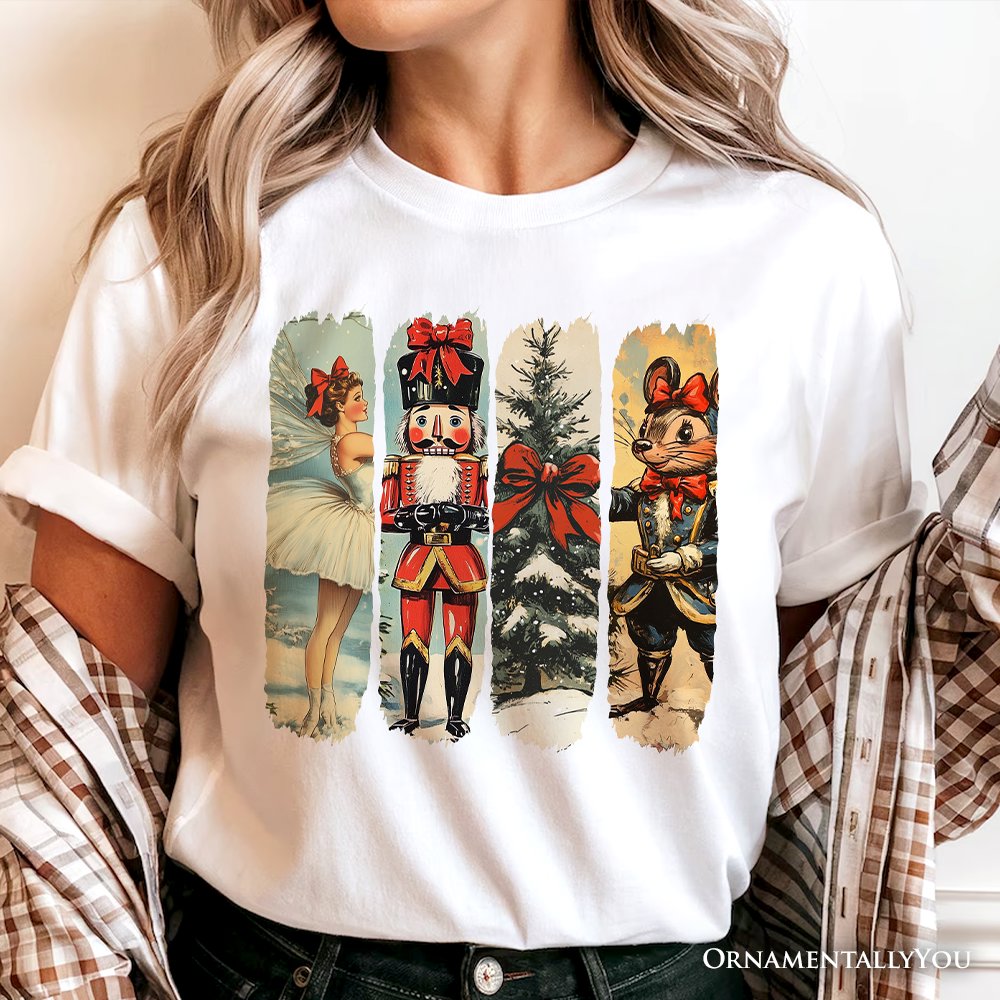 Ballet and Nutcracker Christmas T‑Shirt, Coquette Bow and Mouse Vintage Holiday Tee T-Shirts OrnamentallyYou 