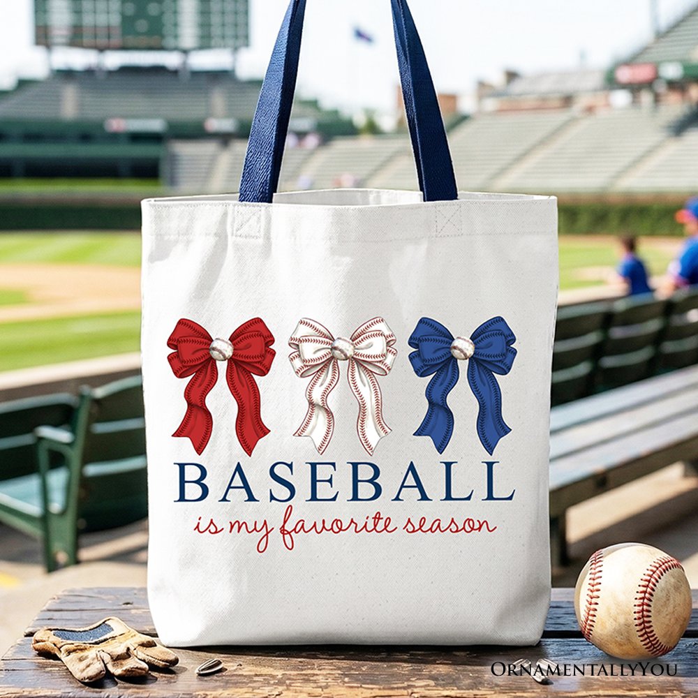 Baseball Is My Favorite Season Tote Bag, Coquette Bow Game Day Gift Shopper Tote Bag OrnamentallyYou Navy Handle 