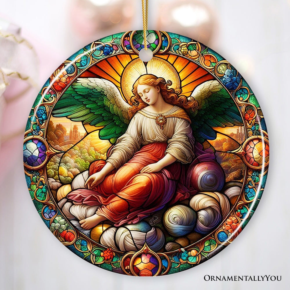 Beautiful Angel Medieval Stained Glass Themed Painting Christmas Ornament, Renaissance Italy Gift and Tree Decor Ceramic Ornament OrnamentallyYou Circle 