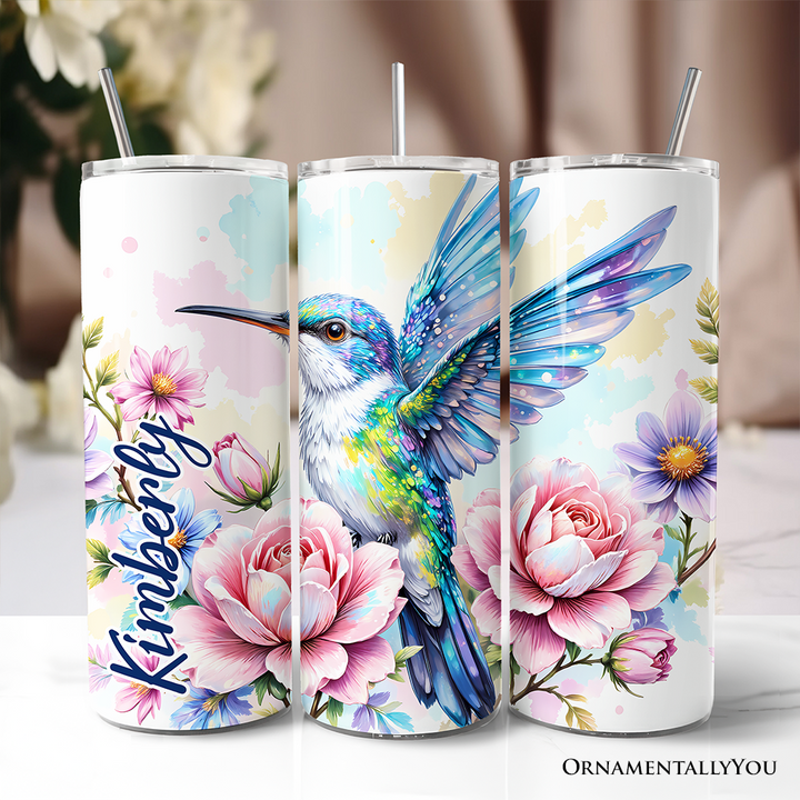 Beautiful Floral Hummingbird 20oz Personalized Tumbler With Lid and Stainless Steel Straw, Vibrant Roses Travel Mug Gift