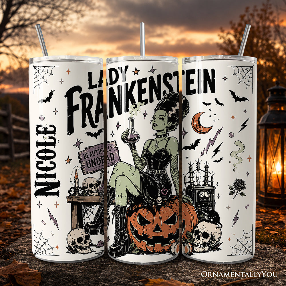 Beautifully Undead Lady Frankenstein 20oz Personalized Tumbler With Lid and Stainless Steel Straw, Vintage Halloween Monster Girl Gift Cup