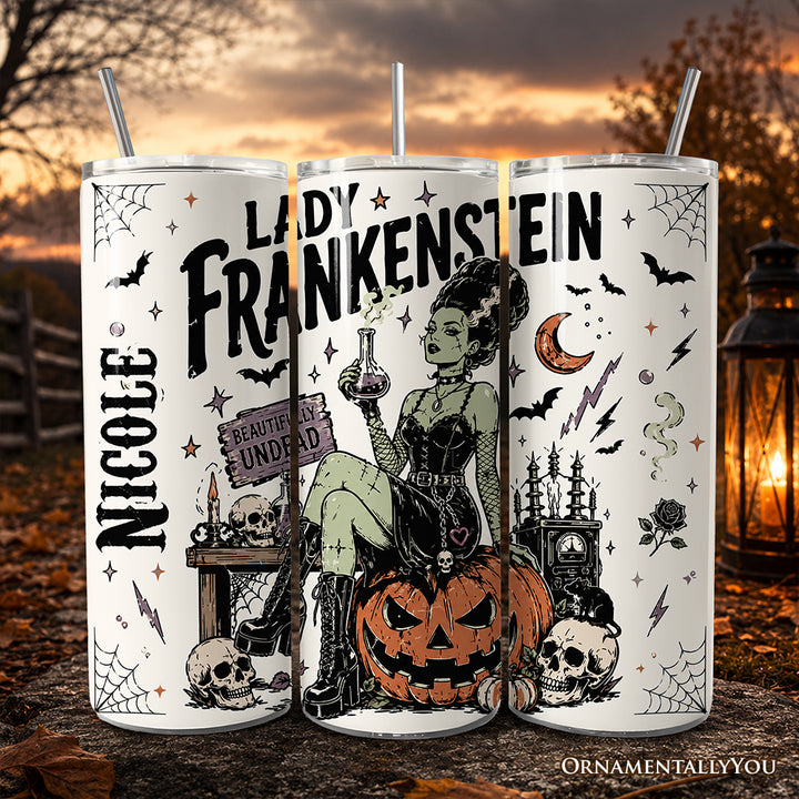 Beautifully Undead Lady Frankenstein 20oz Personalized Tumbler With Lid and Stainless Steel Straw, Vintage Halloween Monster Girl Gift Cup