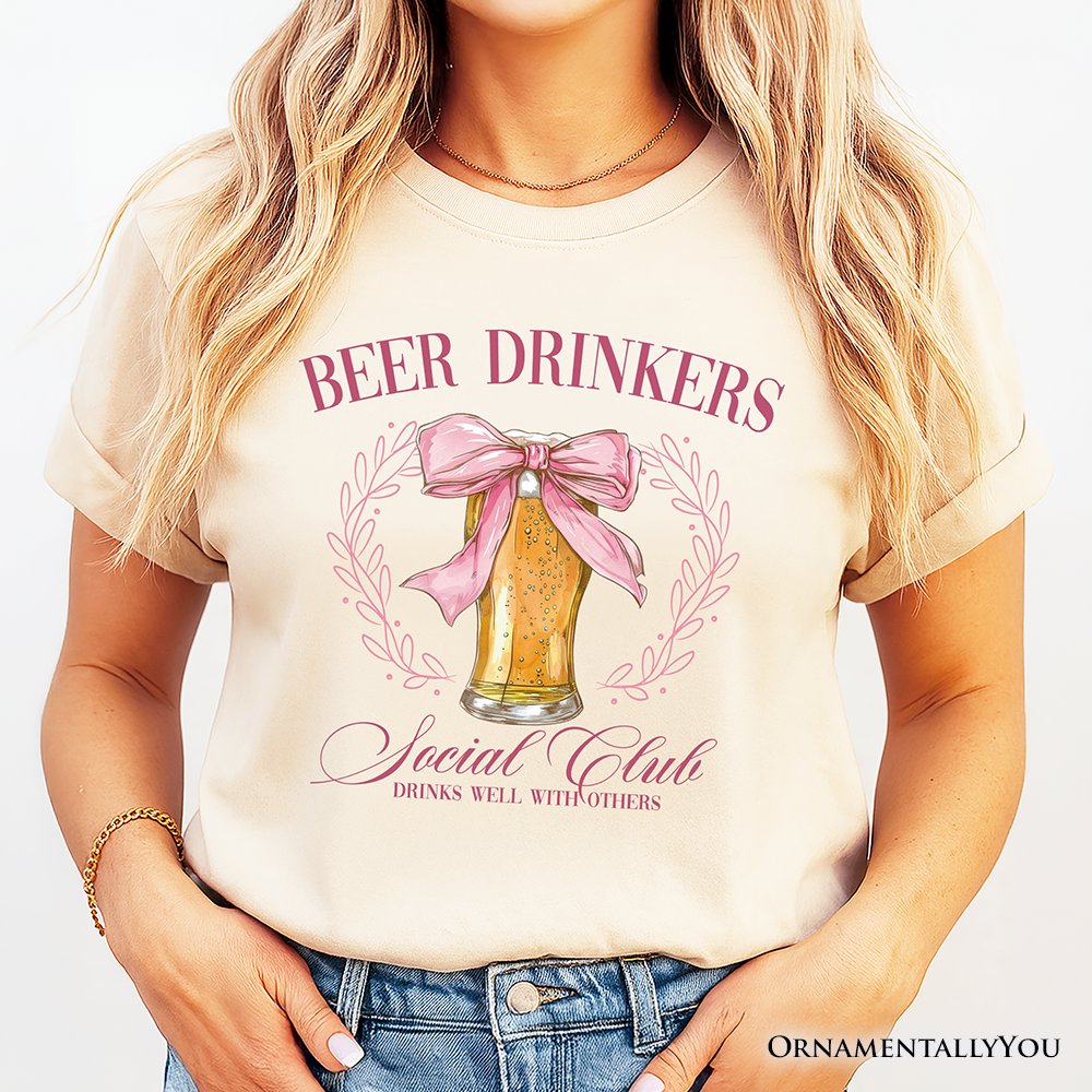 Beer Drinkers Social Club T-Shirt, Coquette Pink Bow Tee for Girly Summer Bachelorette Vibes T-Shirts OrnamentallyYou 