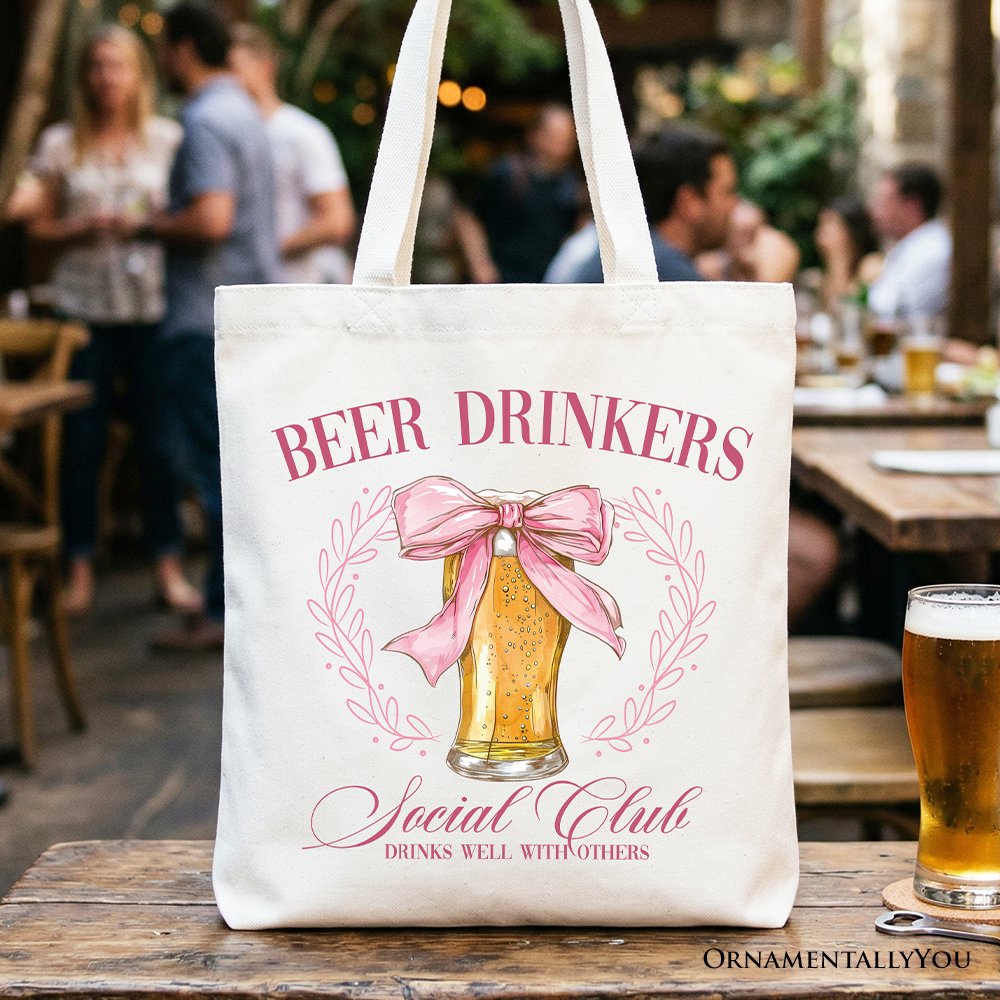 Beer Drinkers Social Club Tote Bag, Coquette Pink Bow Gift Shopper for Girly Summer Bachelorette Vibes Tote Bag OrnamentallyYou White 