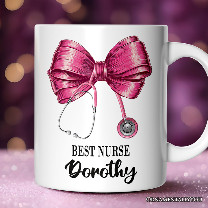 Best Nurse Coquette Pink Bow Personalized Mug, Pink Stethoscope, Gift for Nurse With Custom Name