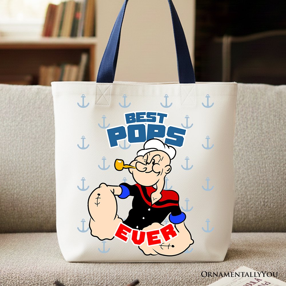 Best Pops Ever Canvas Tote Bag, Classic Popeye the Sailorman Dad Gift Bag for Fun and Strong Dads Tote Bag OrnamentallyYou Navy Handle 