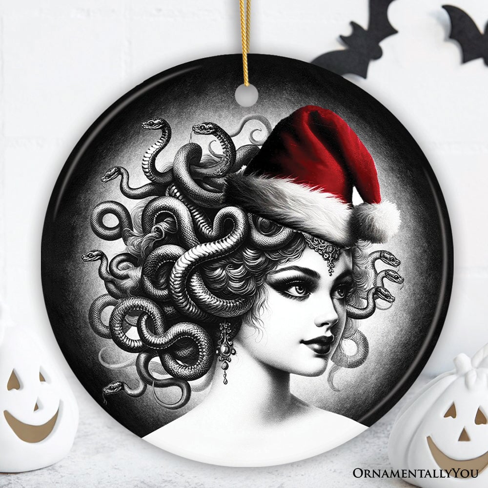 Bewitching Medusa with Santa Hat Ornament, Alluring Christmas Decoration for Halloween Tree Keepsake Ceramic Ornament OrnamentallyYou Circle 