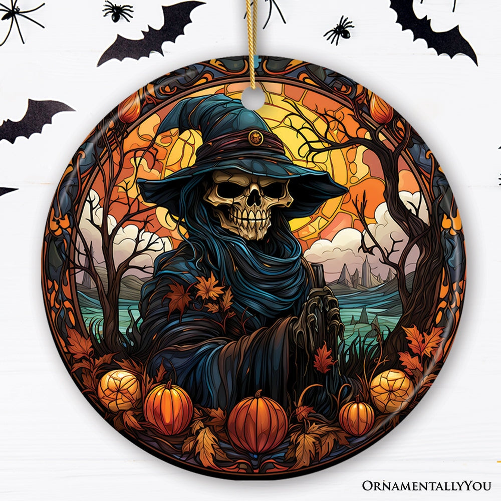 Bewitching Skeletal Sorcery Stained Glass Style Ceramic Ornament, Halloween Themed Christmas Gift and Decor Ceramic Ornament OrnamentallyYou 