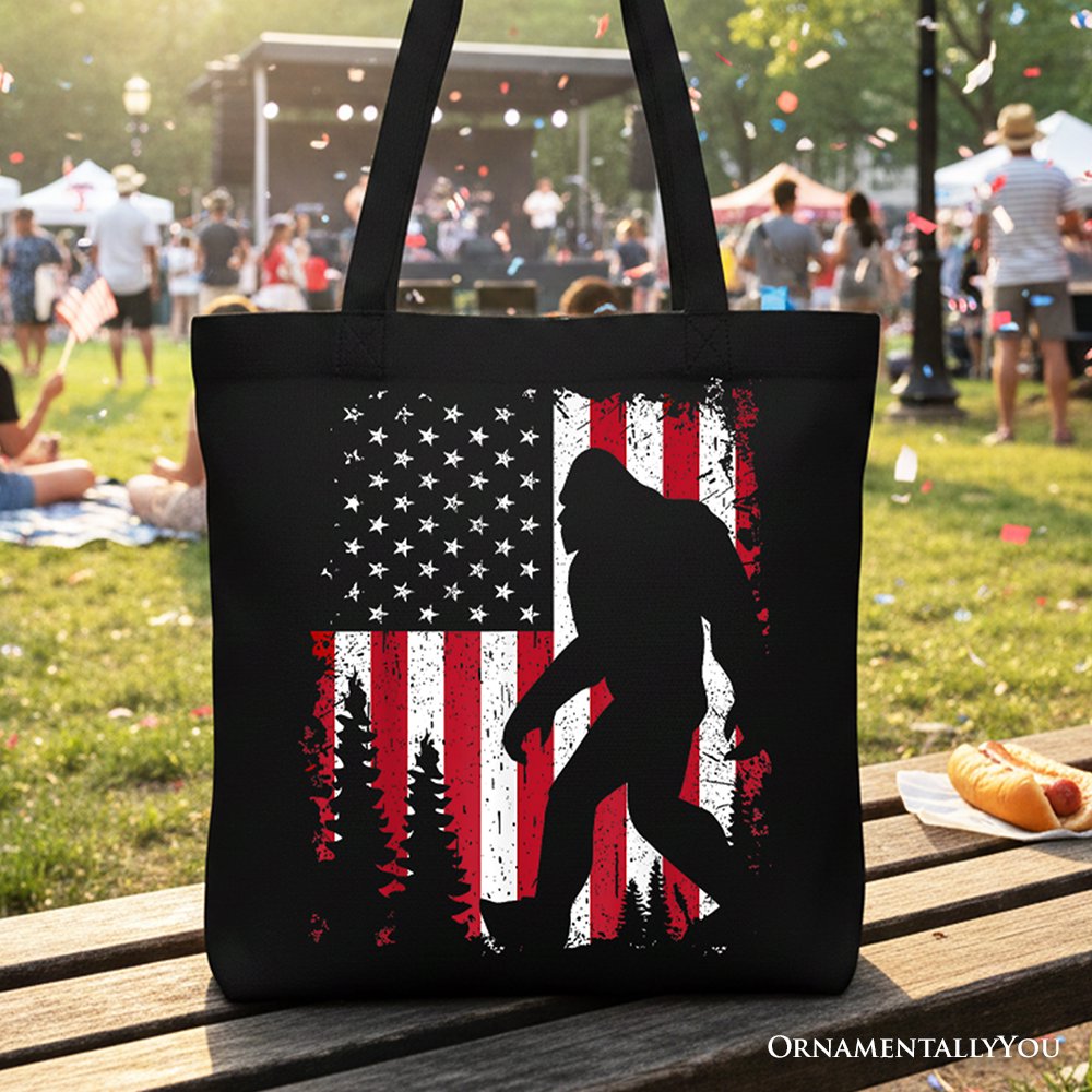 Bigfoot American Flag Canvas Tote Bag, Patriotic Sasquatch Gift Shopper Tote Bag OrnamentallyYou Black 