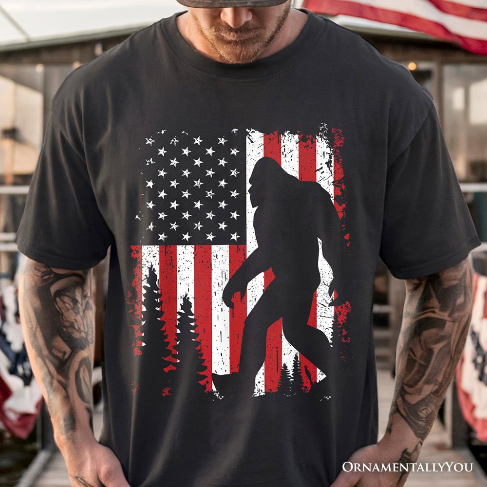 Bigfoot American Flag T-Shirt, Patriotic Sasquatch Tee T-Shirts OrnamentallyYou 