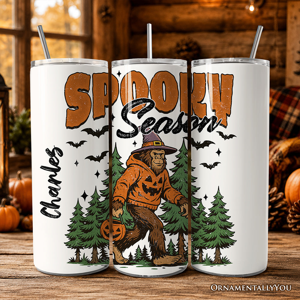 Bigfoot Spooky Season 20oz Personalized Tumbler With Lid and Stainless Steel Straw, Retro Halloween Forest Gift Cup