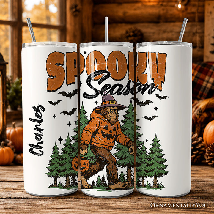 Bigfoot Spooky Season 20oz Personalized Tumbler With Lid and Stainless Steel Straw, Retro Halloween Forest Gift Cup