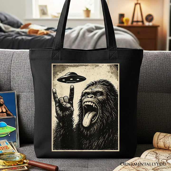 Bigfoot UFO Funny Canvas Tote Bag, Rock and Roll Sasquatch Meme Gift Shopper Tote Bag OrnamentallyYou Black 