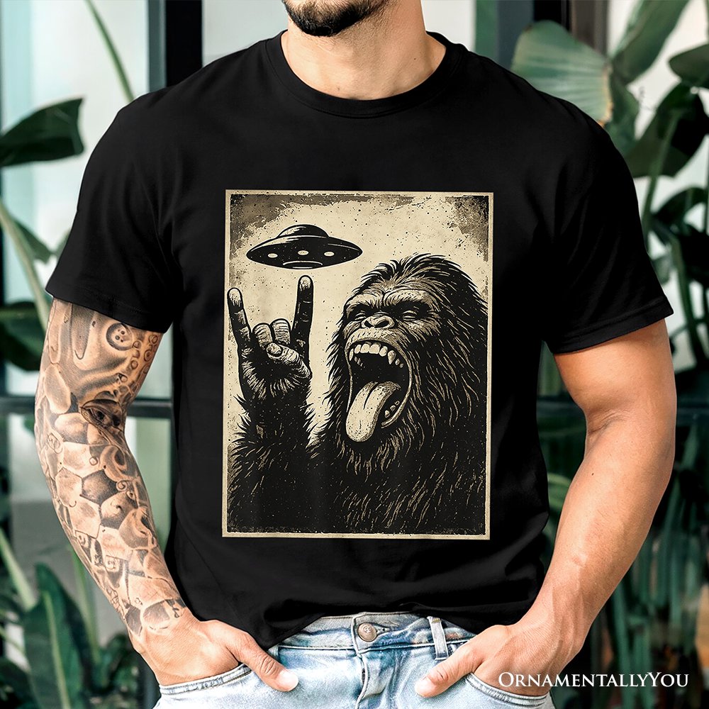 Bigfoot UFO Funny T-Shirt, Rock and Roll Sasquatch Meme Tee T-Shirts OrnamentallyYou 