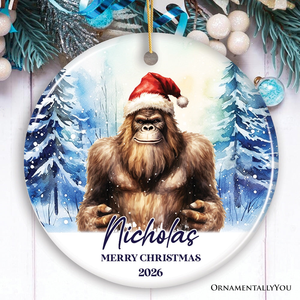 Bigfoot with Santa Hat Personalized Ornament, Winter Forest Christmas Gift With Custom Name and Date Ceramic Ornament OrnamentallyYou Circle 