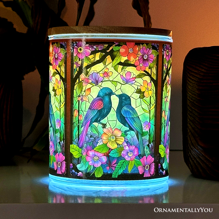 Birds of Love Faux Stained Glass LED Tea Light Candle, Cozy Romantic Valentine Decor With Soft Glow