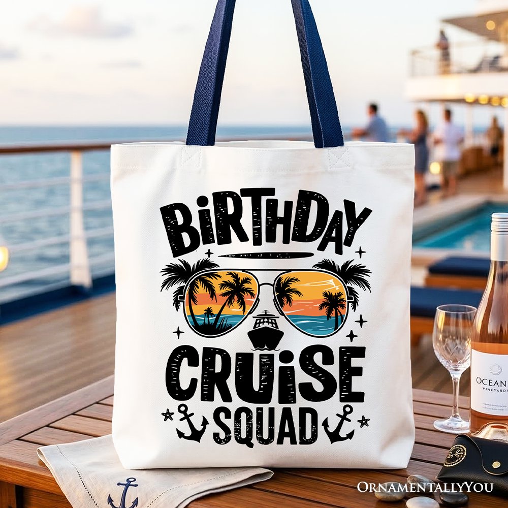 Birthday Cruise Squad Tote Bag, Tropical Vacation Cruise Trip Gift Shopper Tote Bag OrnamentallyYou Navy Handle 