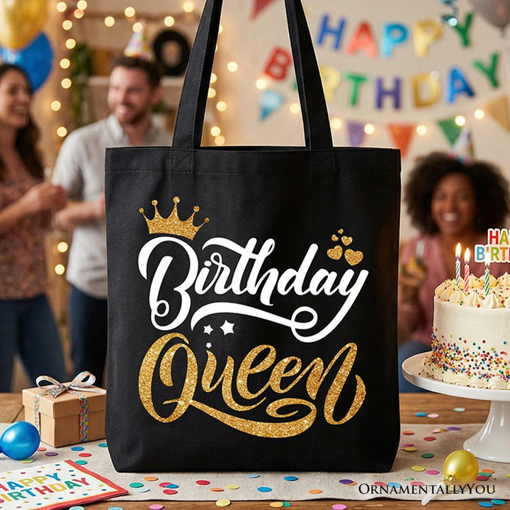 Birthday Queen Tote Bag, Glam Party Tote Bag for Stylish Women Tote Bag OrnamentallyYou Black 